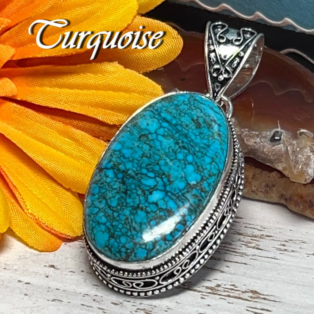 Turquoise Pendant Gemstone Crystal Handmade 925 Silver Bohemian Tibetan Ethnic